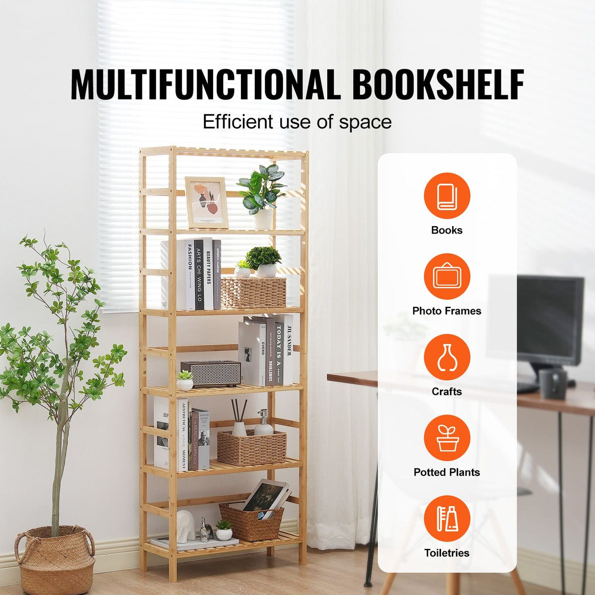 6-Tier Bamboo Shelf, Open Wood Bookshelf, Display Storage Rack Organizer, Freestanding Flower Plant Stand, Multifunctional Bamboo Bookshelf Ideal for Bathroom, Bedroom, Office, Study, Natural