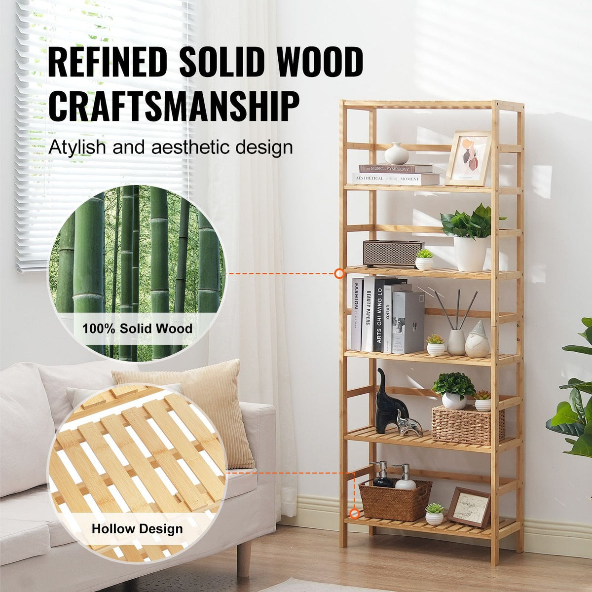 6-Tier Bamboo Shelf, Open Wood Bookshelf, Display Storage Rack Organizer, Freestanding Flower Plant Stand, Multifunctional Bamboo Bookshelf Ideal for Bathroom, Bedroom, Office, Study, Natural