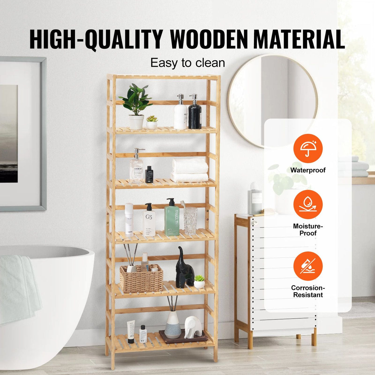 6-Tier Bamboo Shelf, Open Wood Bookshelf, Display Storage Rack Organizer, Freestanding Flower Plant Stand, Multifunctional Bamboo Bookshelf Ideal for Bathroom, Bedroom, Office, Study, Natural