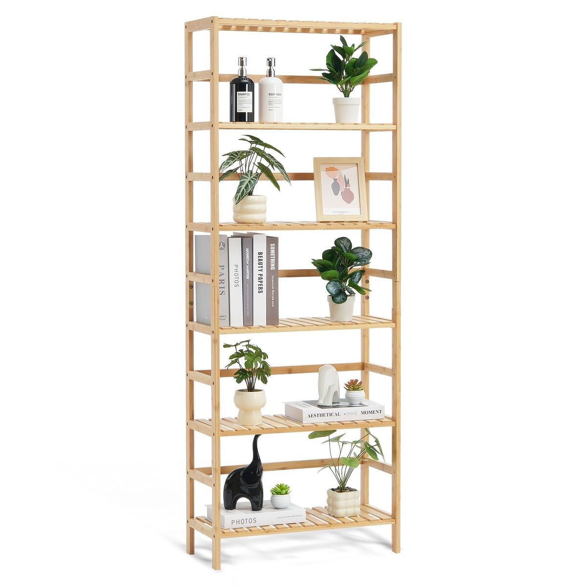 6-Tier Bamboo Shelf, Open Wood Bookshelf, Display Storage Rack Organizer, Freestanding Flower Plant Stand, Multifunctional Bamboo Bookshelf Ideal for Bathroom, Bedroom, Office, Study, Natural