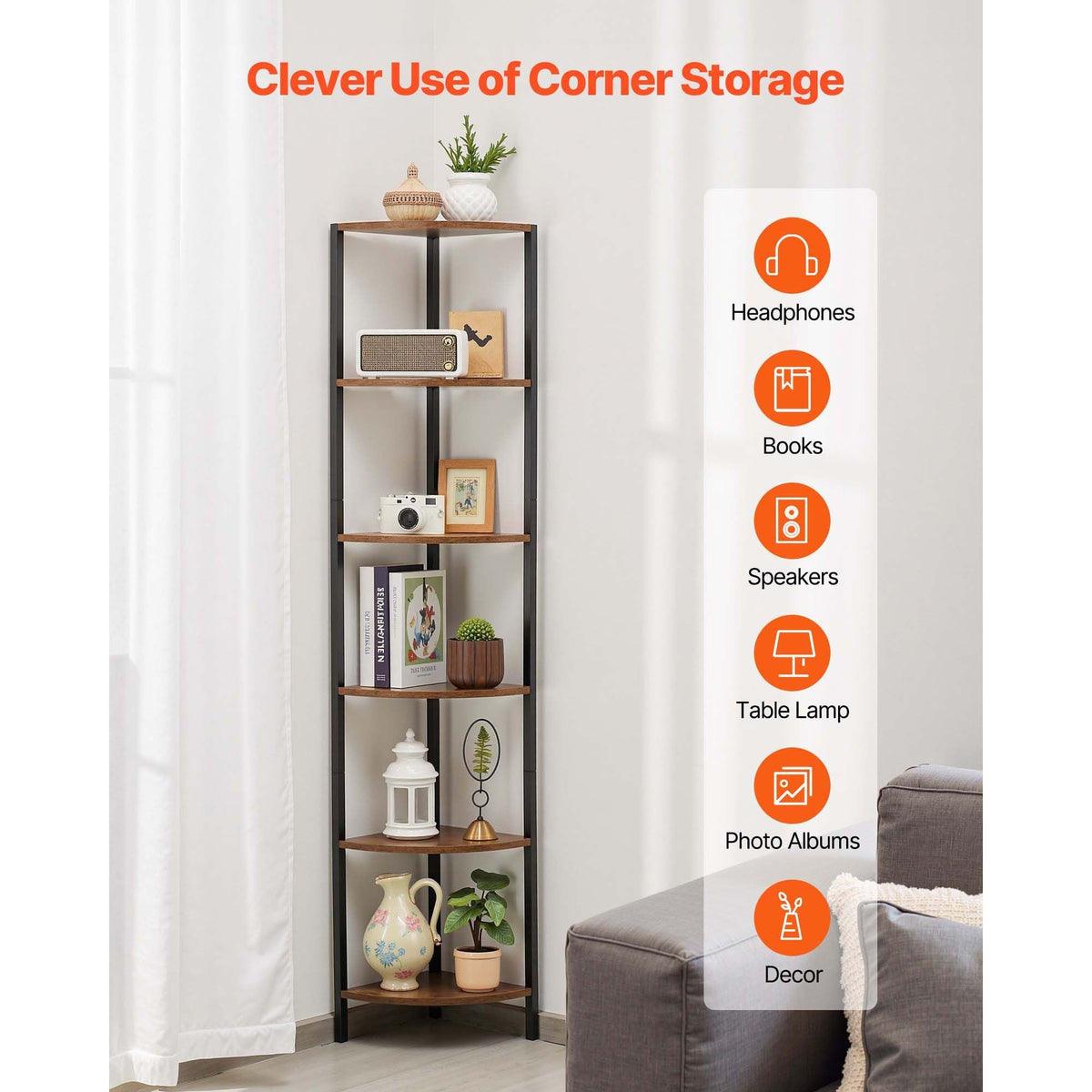6 Tier Corner Shelf with LED Light, 68" Tall Corner Bookshelf with Storage Shelves for Collectibles, Display Shelf with Multi-color Lights Controlled Via RC/APP for Bedroom, Living Room, Office