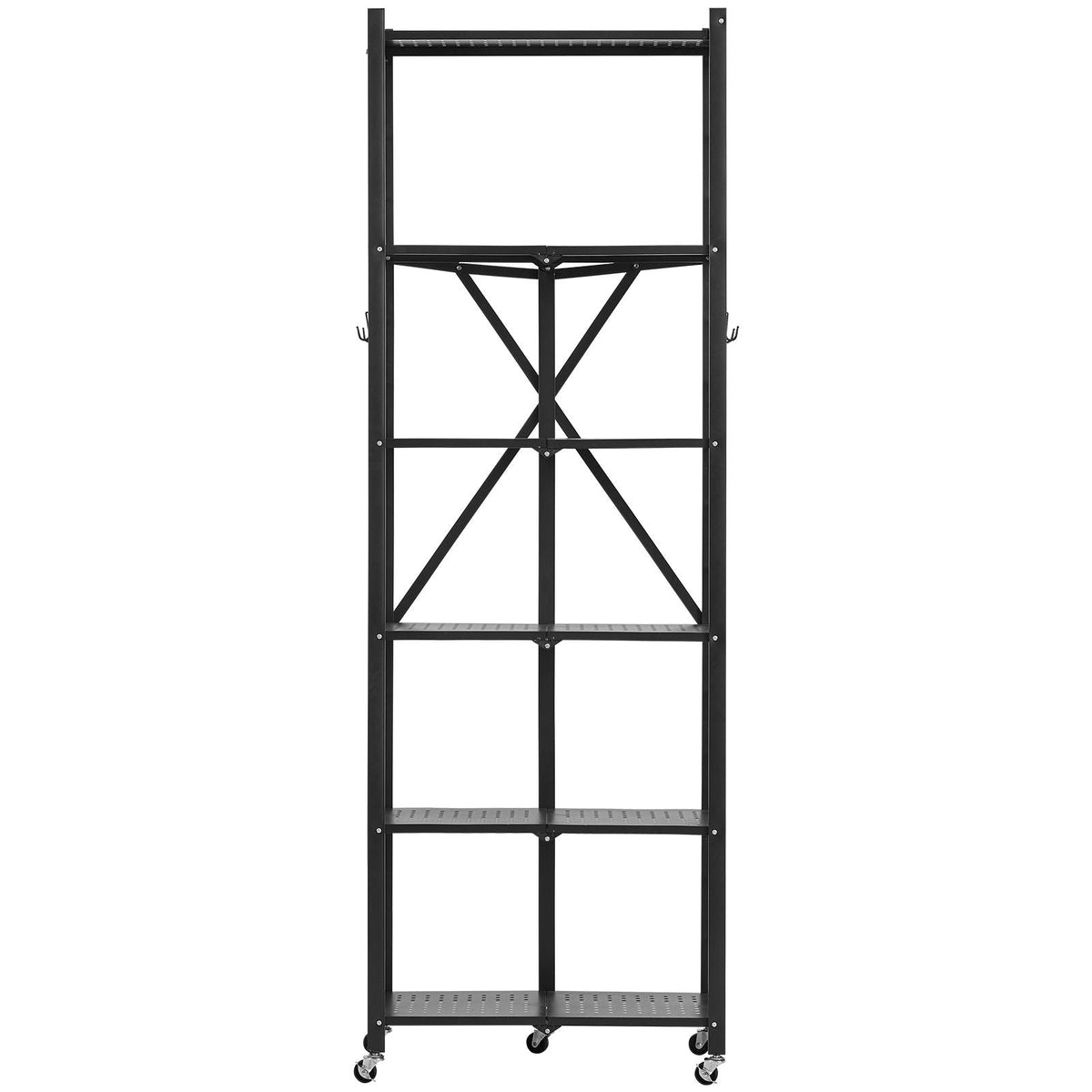 6-Tier Foldable Storage Shelf, 24W x 12D x 72H Inch Folding Metal Rack Shelving Unit, No Assembly Organizer Shelf with 5 Wheels & 4 Hooks for Pantry, Kitchen, Garage, Basement, Black