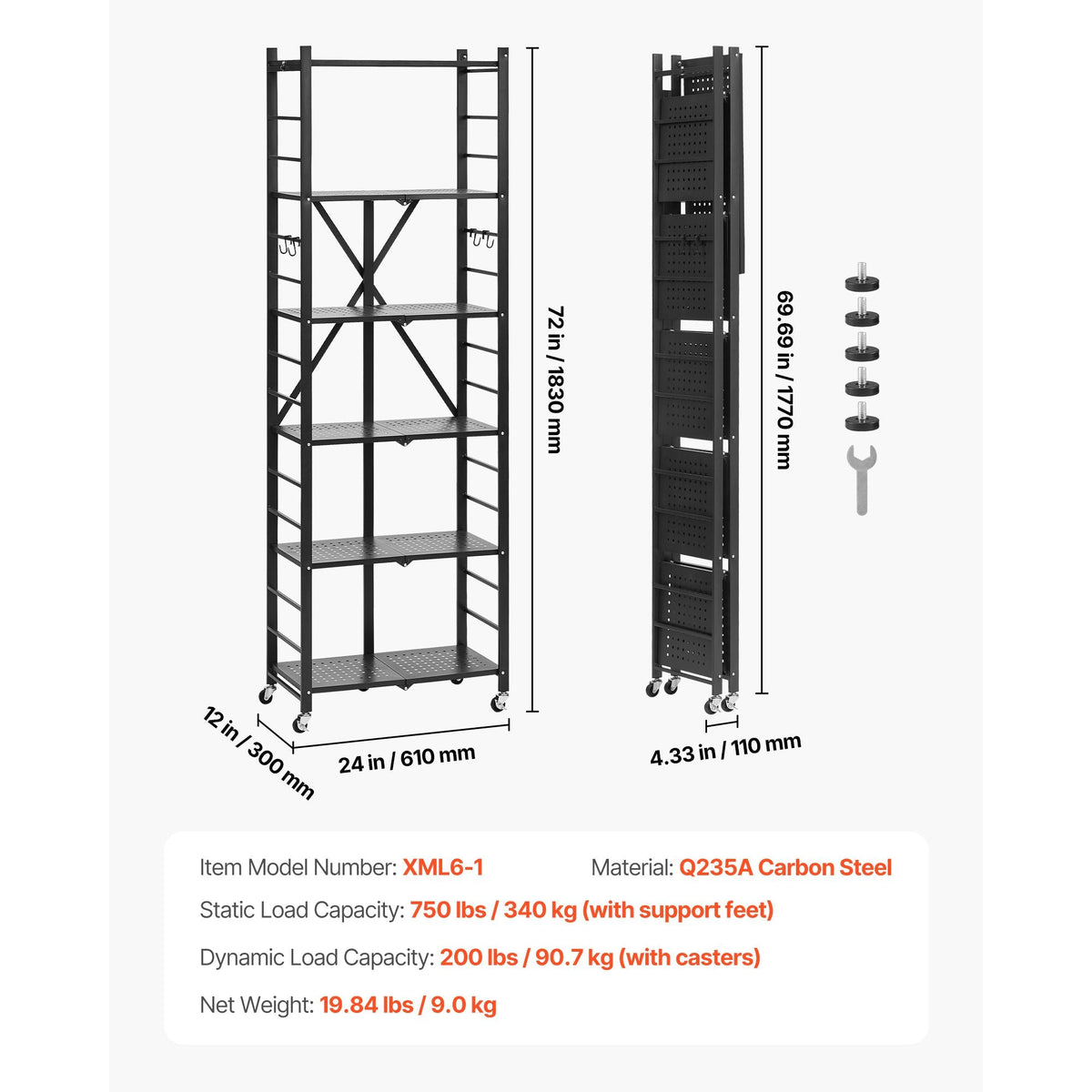 6-Tier Foldable Storage Shelf, 24W x 12D x 72H Inch Folding Metal Rack Shelving Unit, No Assembly Organizer Shelf with 5 Wheels & 4 Hooks for Pantry, Kitchen, Garage, Basement, Black