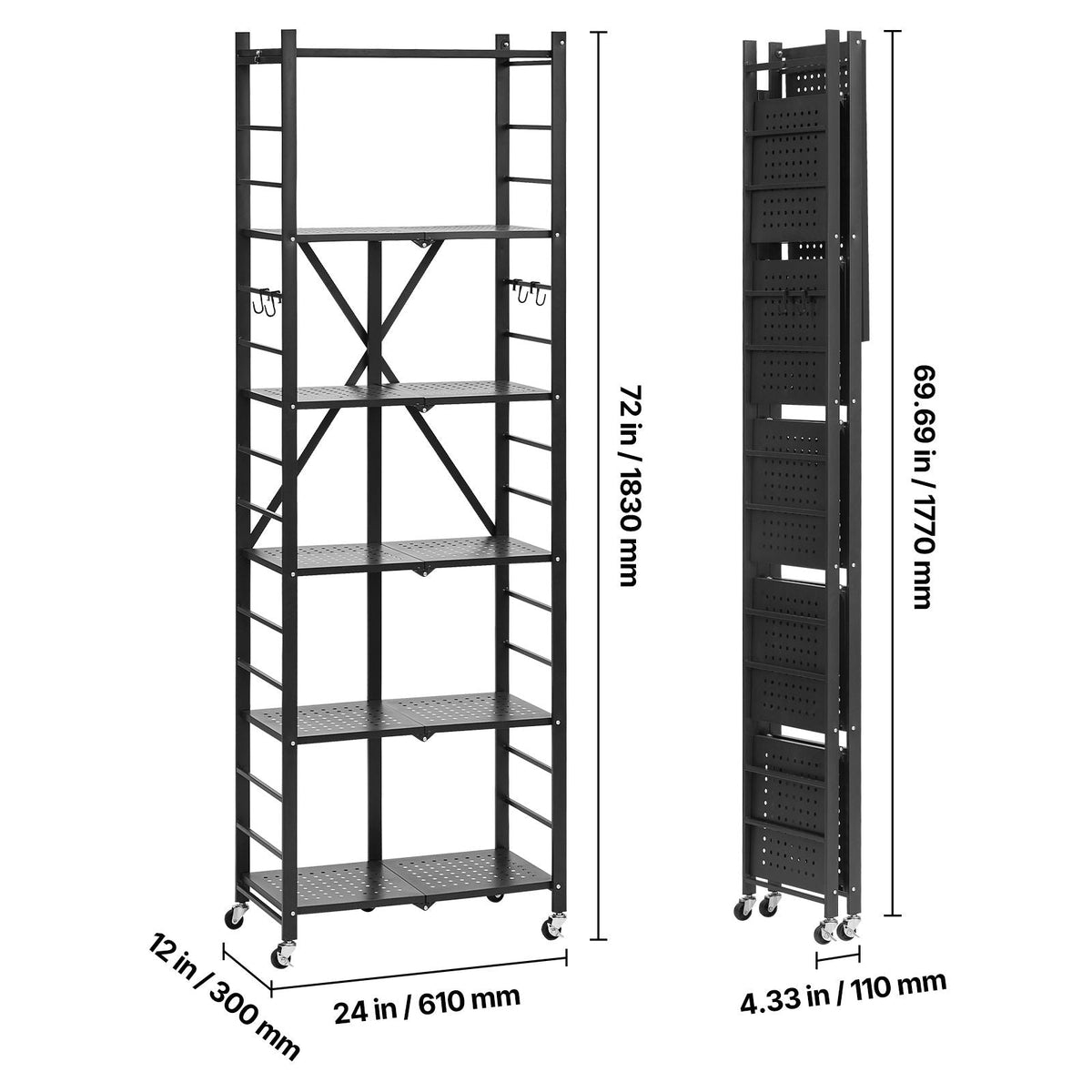 6-Tier Foldable Storage Shelf, 24W x 12D x 72H Inch Folding Metal Rack Shelving Unit, No Assembly Organizer Shelf with 5 Wheels & 4 Hooks for Pantry, Kitchen, Garage, Basement, Black