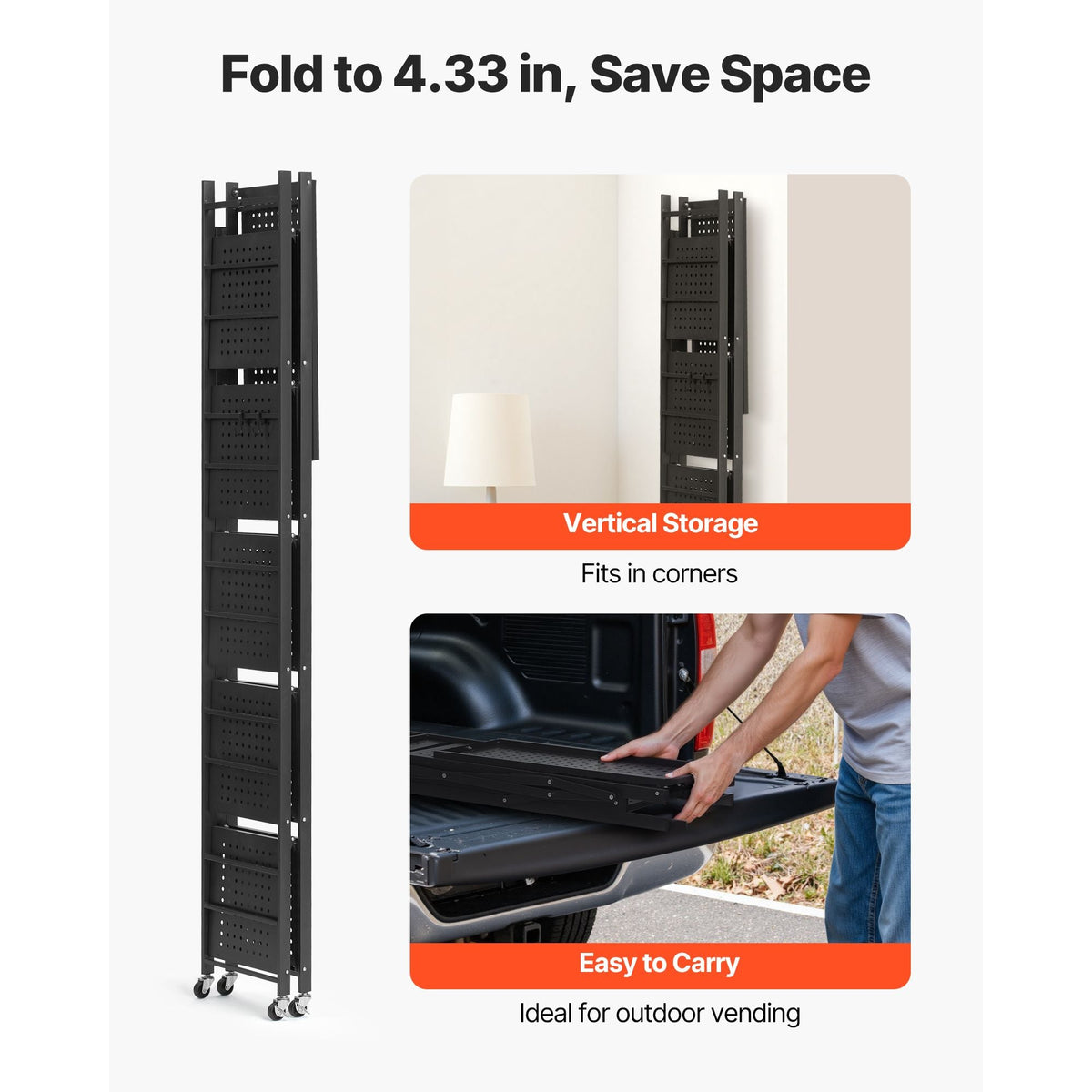 6-Tier Foldable Storage Shelf, 24W x 12D x 72H Inch Folding Metal Rack Shelving Unit, No Assembly Organizer Shelf with 5 Wheels & 4 Hooks for Pantry, Kitchen, Garage, Basement, Black