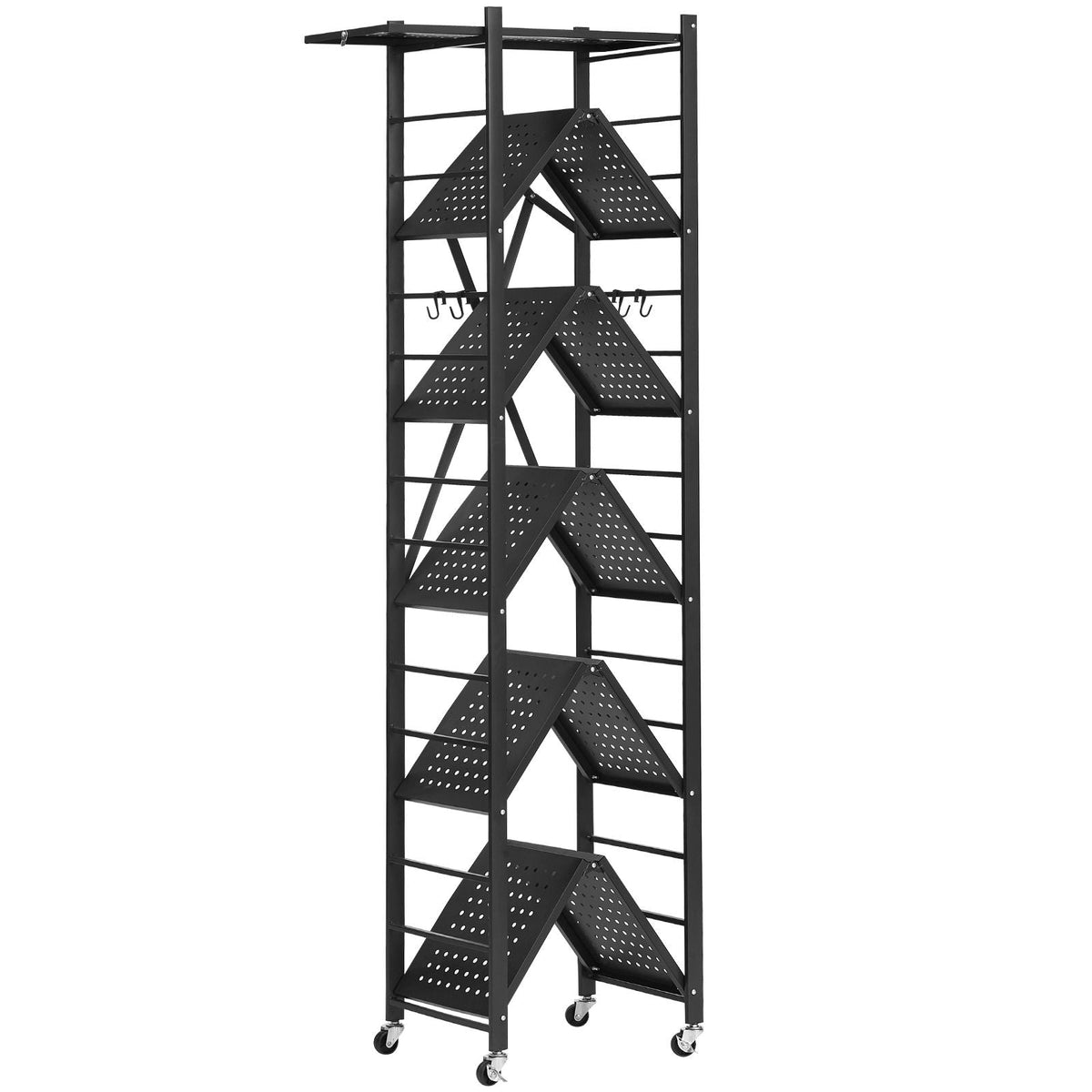 6-Tier Foldable Storage Shelf, 24W x 12D x 72H Inch Folding Metal Rack Shelving Unit, No Assembly Organizer Shelf with 5 Wheels & 4 Hooks for Pantry, Kitchen, Garage, Basement, Black