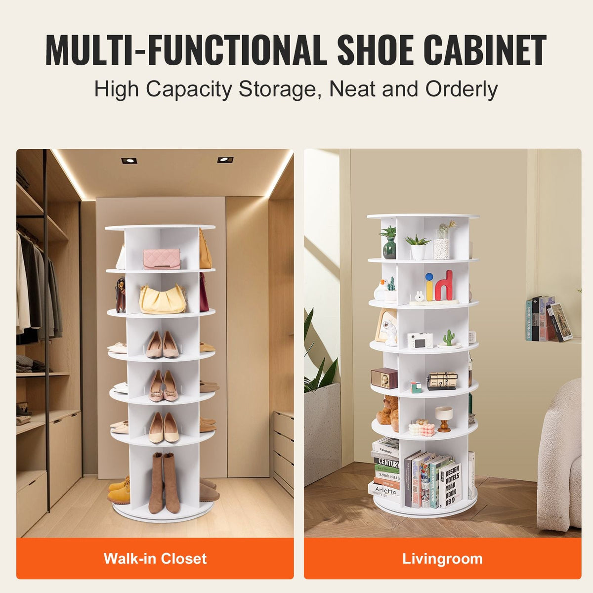 6 Tiers Rotating Shoe Rack Tower, 360°Spinning Shoe Display, Revolving Shoe Rack Storage Round Carousel, Lazy Susan Shoe Rack Organizer, Ideal for Bedroom, Living Room, Entryway, White