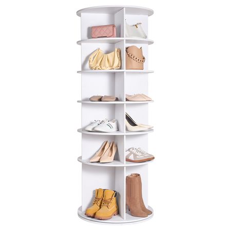 6 Tiers Rotating Shoe Rack Tower, 360°Spinning Shoe Display, Revolving Shoe Rack Storage Round Carousel, Lazy Susan Shoe Rack Organizer, Ideal for Bedroom, Living Room, Entryway, White