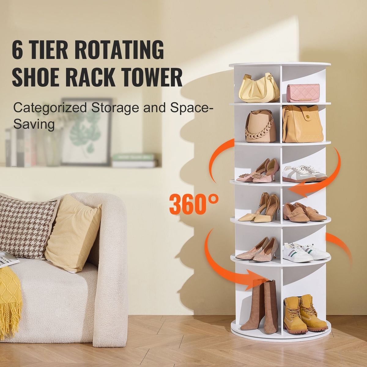 6 Tiers Rotating Shoe Rack Tower, 360°Spinning Shoe Display, Revolving Shoe Rack Storage Round Carousel, Lazy Susan Shoe Rack Organizer, Ideal for Bedroom, Living Room, Entryway, White