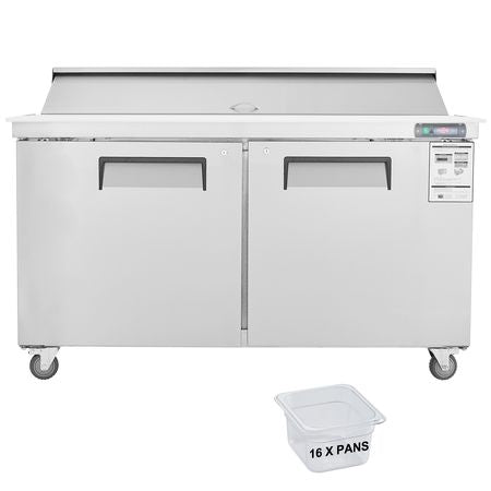 60" Commercial Refrigerator Sandwich & Salad Prep Table, 16.4 Cu. Ft Stainless Steel Refrigerated Food Prep Station with 16 Pans, Cut Board, Frost Free Refrigerator with Lock for Restaurant