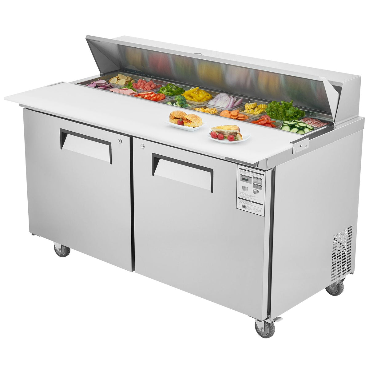 60" Commercial Refrigerator Sandwich & Salad Prep Table, 16.4 Cu. Ft Stainless Steel Refrigerated Food Prep Station with 16 Pans, Cut Board, Frost Free Refrigerator with Lock for Restaurant