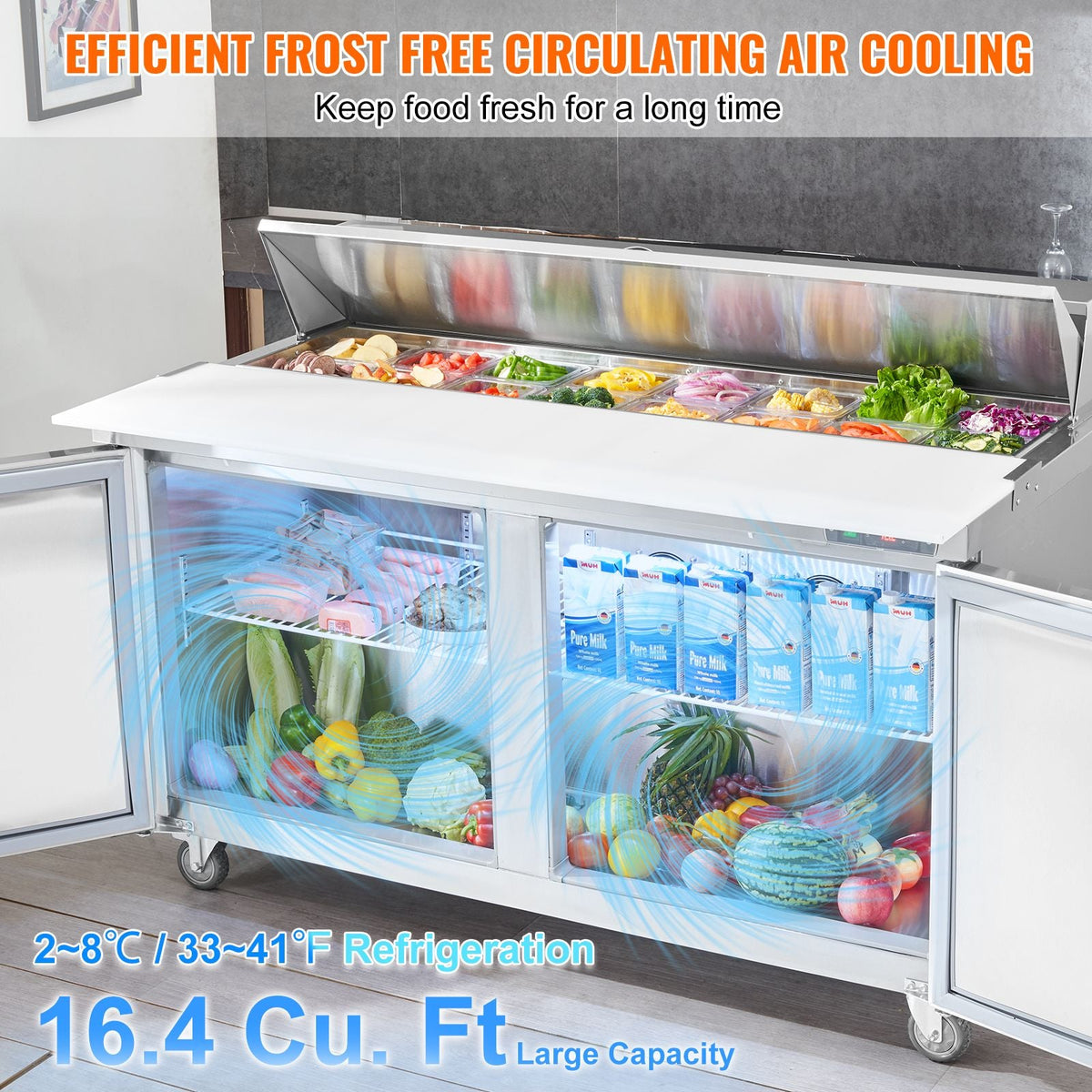 60" Commercial Refrigerator Sandwich & Salad Prep Table, 16.4 Cu. Ft Stainless Steel Refrigerated Food Prep Station with 16 Pans, Cut Board, Frost Free Refrigerator with Lock for Restaurant