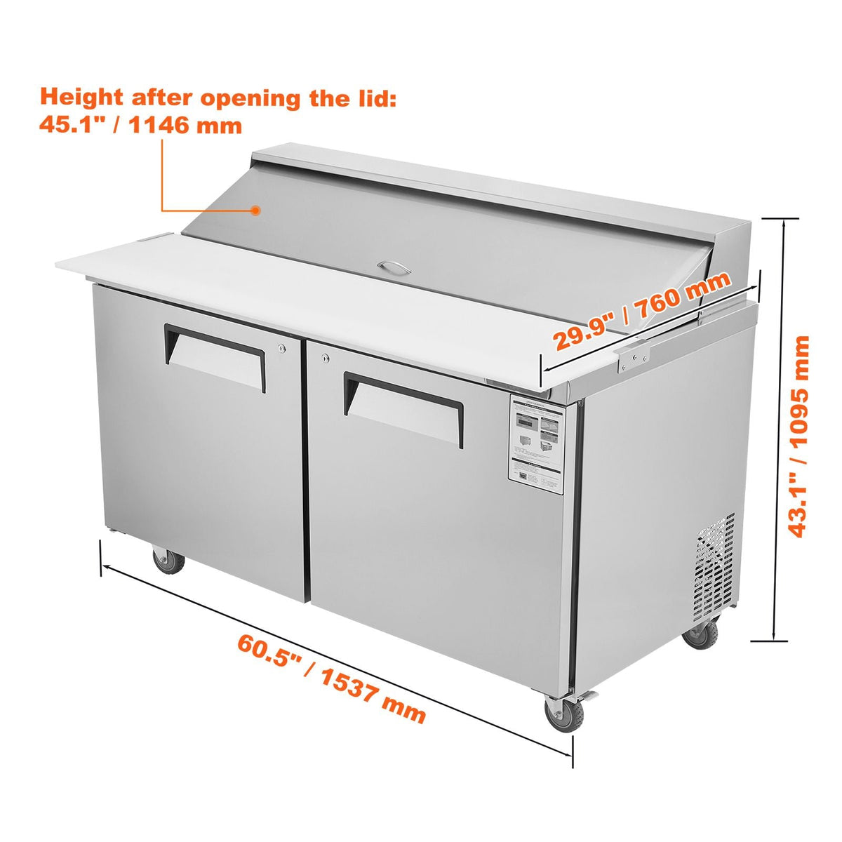 60" Commercial Refrigerator Sandwich & Salad Prep Table, 16.4 Cu. Ft Stainless Steel Refrigerated Food Prep Station with 16 Pans, Cut Board, Frost Free Refrigerator with Lock for Restaurant