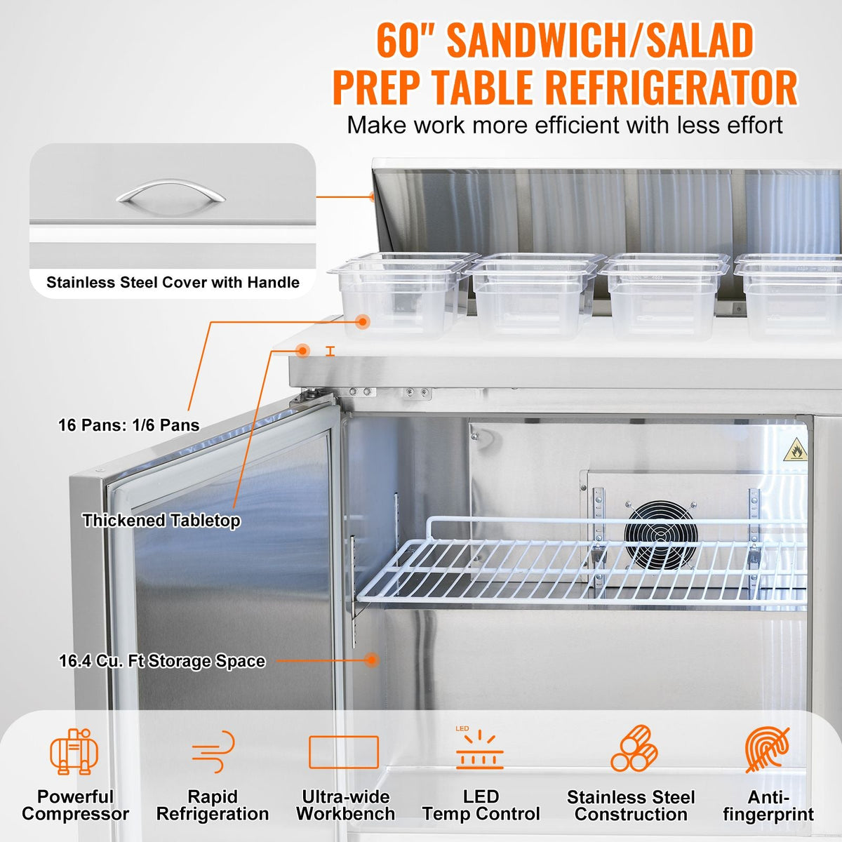 60" Commercial Refrigerator Sandwich & Salad Prep Table, 16.4 Cu. Ft Stainless Steel Refrigerated Food Prep Station with 16 Pans, Cut Board, Frost Free Refrigerator with Lock for Restaurant