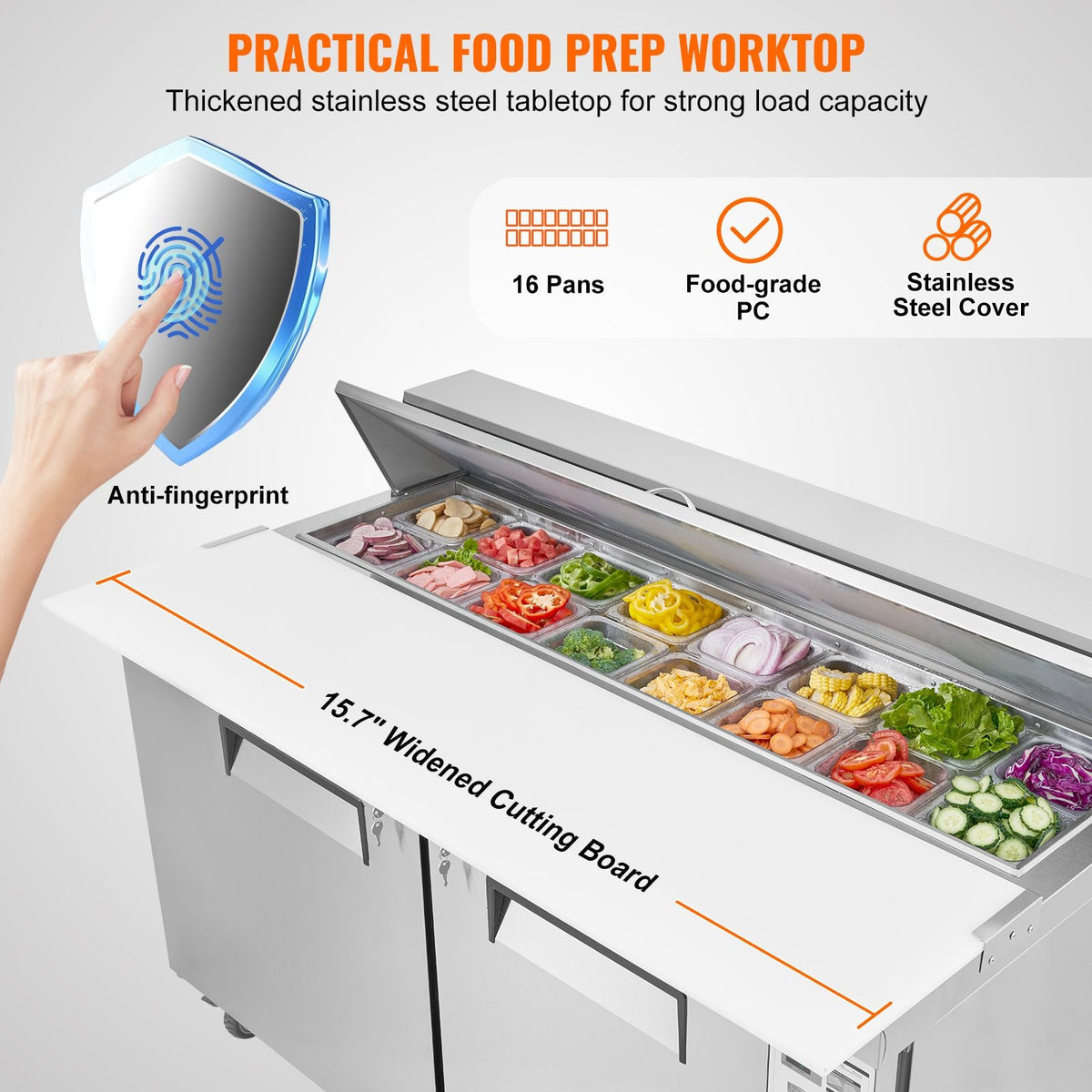 60" Commercial Refrigerator Sandwich & Salad Prep Table, 16.4 Cu. Ft Stainless Steel Refrigerated Food Prep Station with 16 Pans, Cut Board, Frost Free Refrigerator with Lock for Restaurant