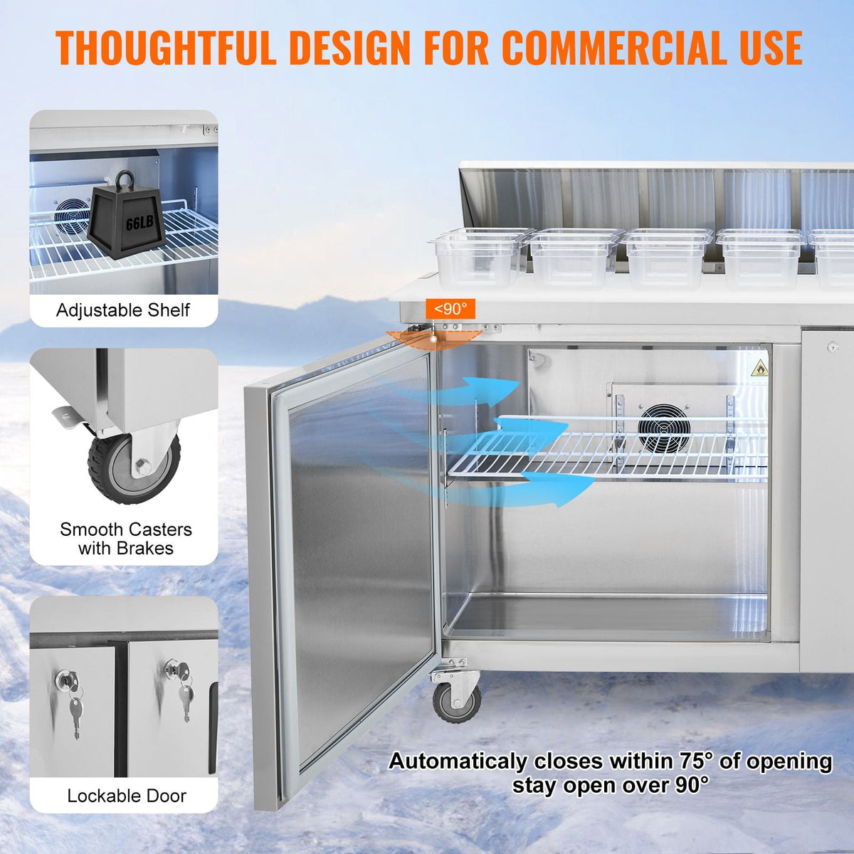 60" Commercial Refrigerator Sandwich & Salad Prep Table, 16.4 Cu. Ft Stainless Steel Refrigerated Food Prep Station with 16 Pans, Cut Board, Frost Free Refrigerator with Lock for Restaurant