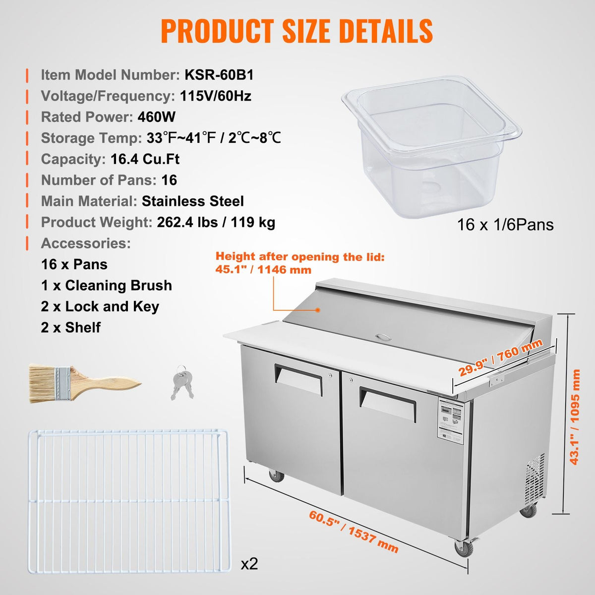 60" Commercial Refrigerator Sandwich & Salad Prep Table, 16.4 Cu. Ft Stainless Steel Refrigerated Food Prep Station with 16 Pans, Cut Board, Frost Free Refrigerator with Lock for Restaurant
