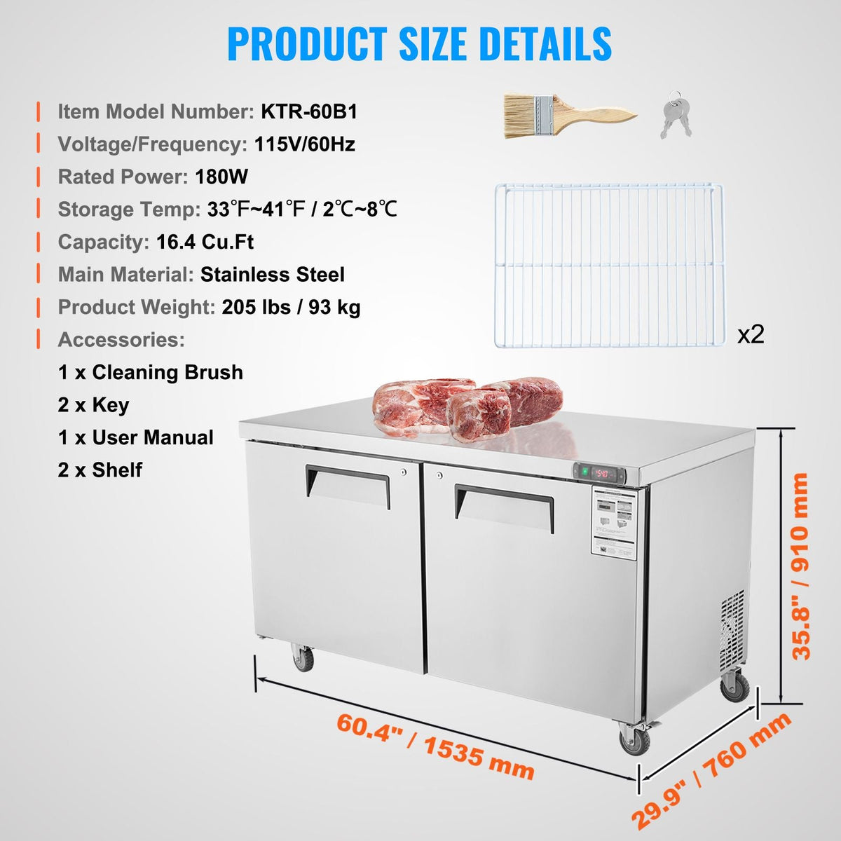 60" Commercial Refrigerator Sandwich & Salad Prep Table, 16.4 Cu. Ft Stainless Steel Refrigerated Food Prep Station with 2 Doors, Frost Free Refrigerator with Lock for Restaurant, Bar, Store