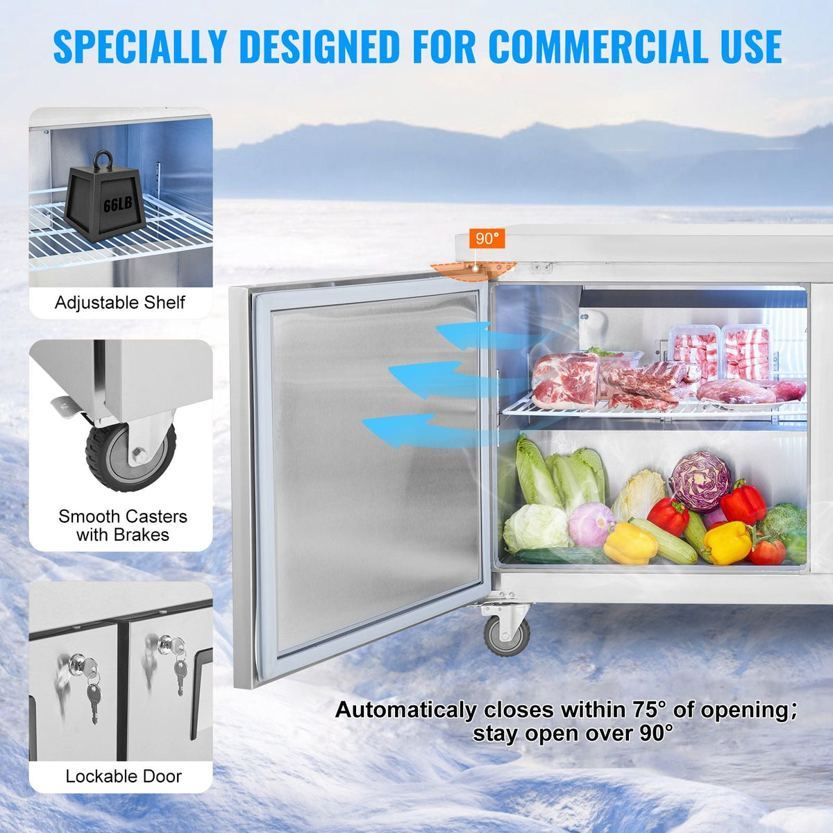 60" Commercial Refrigerator Sandwich & Salad Prep Table, 16.4 Cu. Ft Stainless Steel Refrigerated Food Prep Station with 2 Doors, Frost Free Refrigerator with Lock for Restaurant, Bar, Store