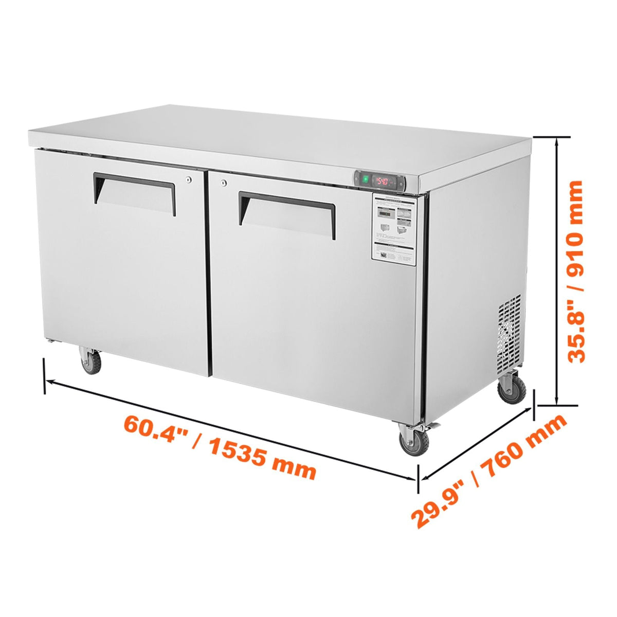 60" Commercial Refrigerator Sandwich & Salad Prep Table, 16.4 Cu. Ft Stainless Steel Refrigerated Food Prep Station with 2 Doors, Frost Free Refrigerator with Lock for Restaurant, Bar, Store