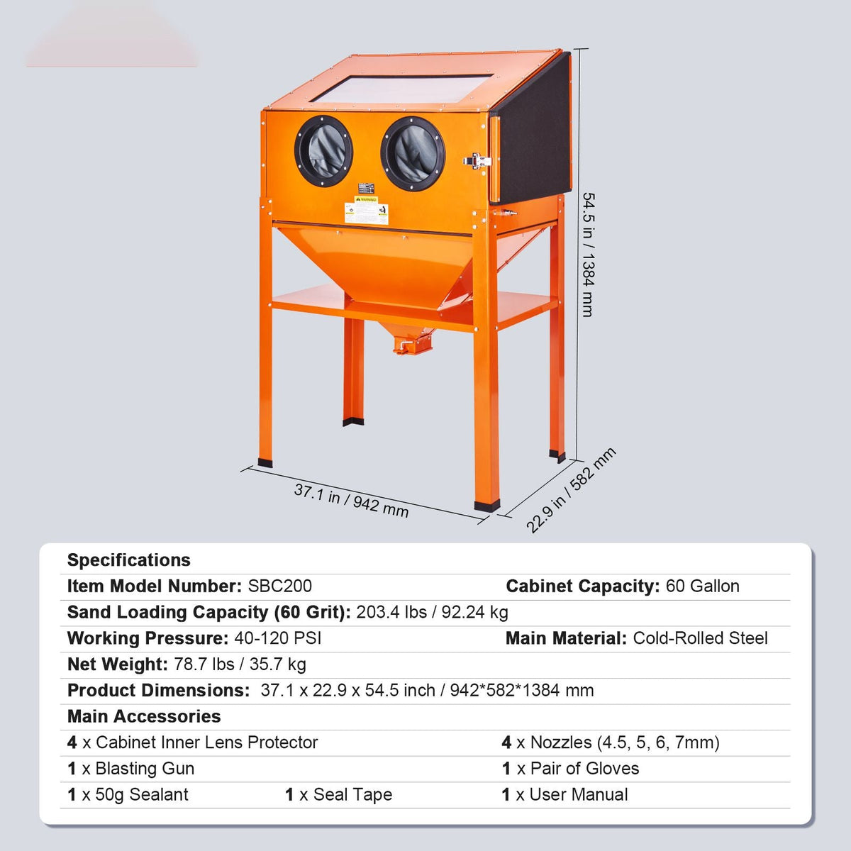 60 Gallon Sandblasting Cabinet, 40-120PSI Sand Blasting Cabinet with Stand, Heavy Duty Steel Sand Blaster with Blasting Gun & 4 Ceramic Nozzles for Paint, Stain, Rust Removal