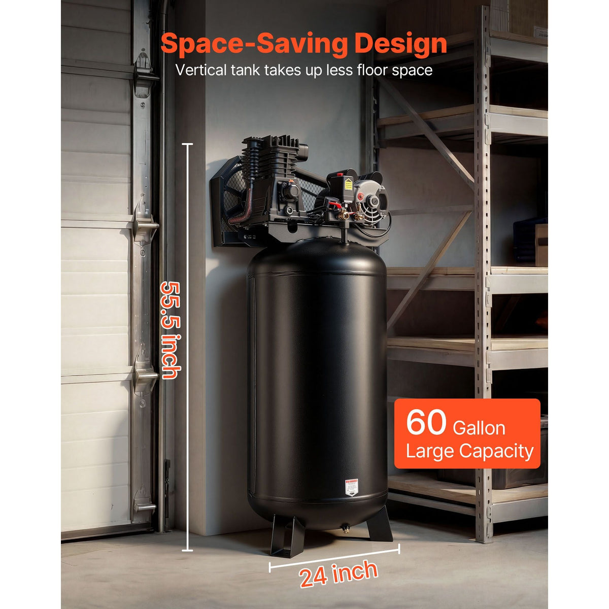60 Gallons Heavy-Duty Air Compressor, 3.7HP 8 SCFM at 90PSI Air Compressors Max 155PSI Pressure, Oil-Lubricated Compressor Tank for Industrial Manufacturing, Large Workshops (230V 60Hz, No-Plug)