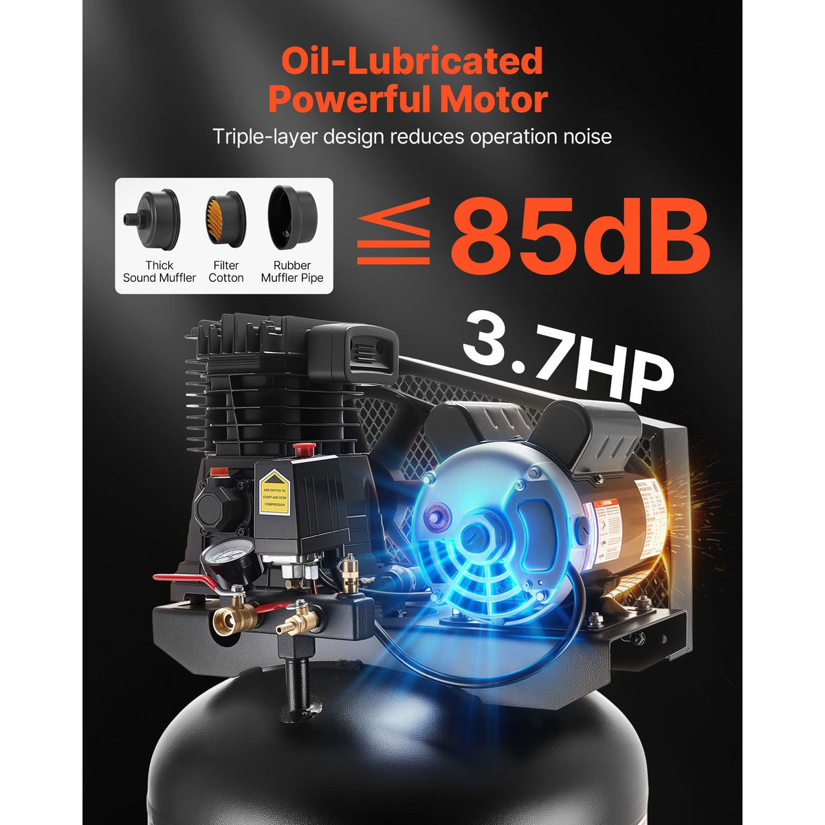 60 Gallons Heavy-Duty Air Compressor, 3.7HP 8 SCFM at 90PSI Air Compressors Max 155PSI Pressure, Oil-Lubricated Compressor Tank for Industrial Manufacturing, Large Workshops (230V 60Hz, No-Plug)