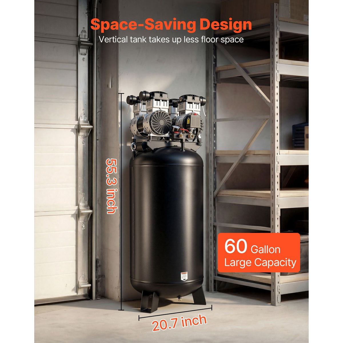 60 Gallons Heavy-Duty Air Compressor, 4HP 10SCFM at 90PSI Air Compressors with Max 125PSI Pressure, Oil-Free Compressor Tank for Industrial Manufacturing, Large Workshops (230V 60Hz, No-Plug)