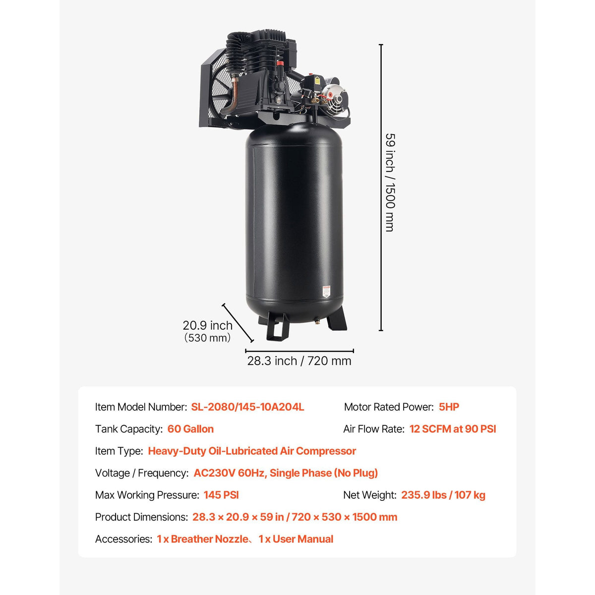 60 Gallons Heavy-Duty Air Compressor, 5HP 12 SCFM at 90PSI Air Compressors Max 145PSI Pressure, Oil-Lubricated Compressor Tank for Industrial Manufacturing, Large Workshops (230V 60Hz, No-Plug)