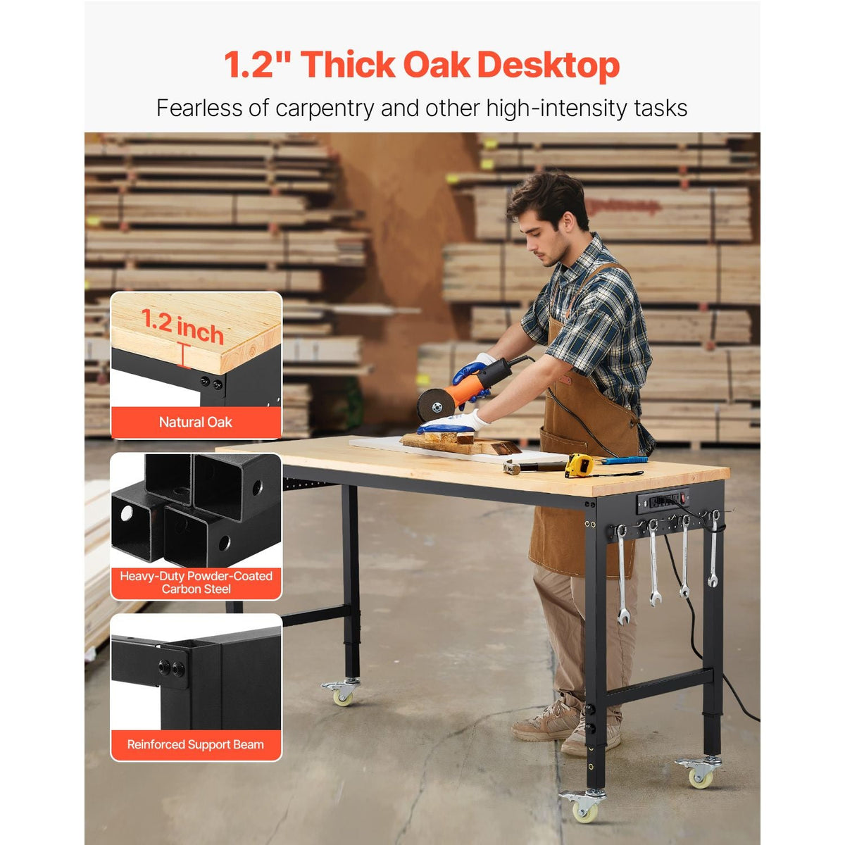 60-Inch Adjustable Workbench, 2000 lbs Load, Work Bench with Power Outlet, Wheels, and Pegboard, Heavy Duty Oak Wood Top Work Table for Garage, Workshop, Office, and Home