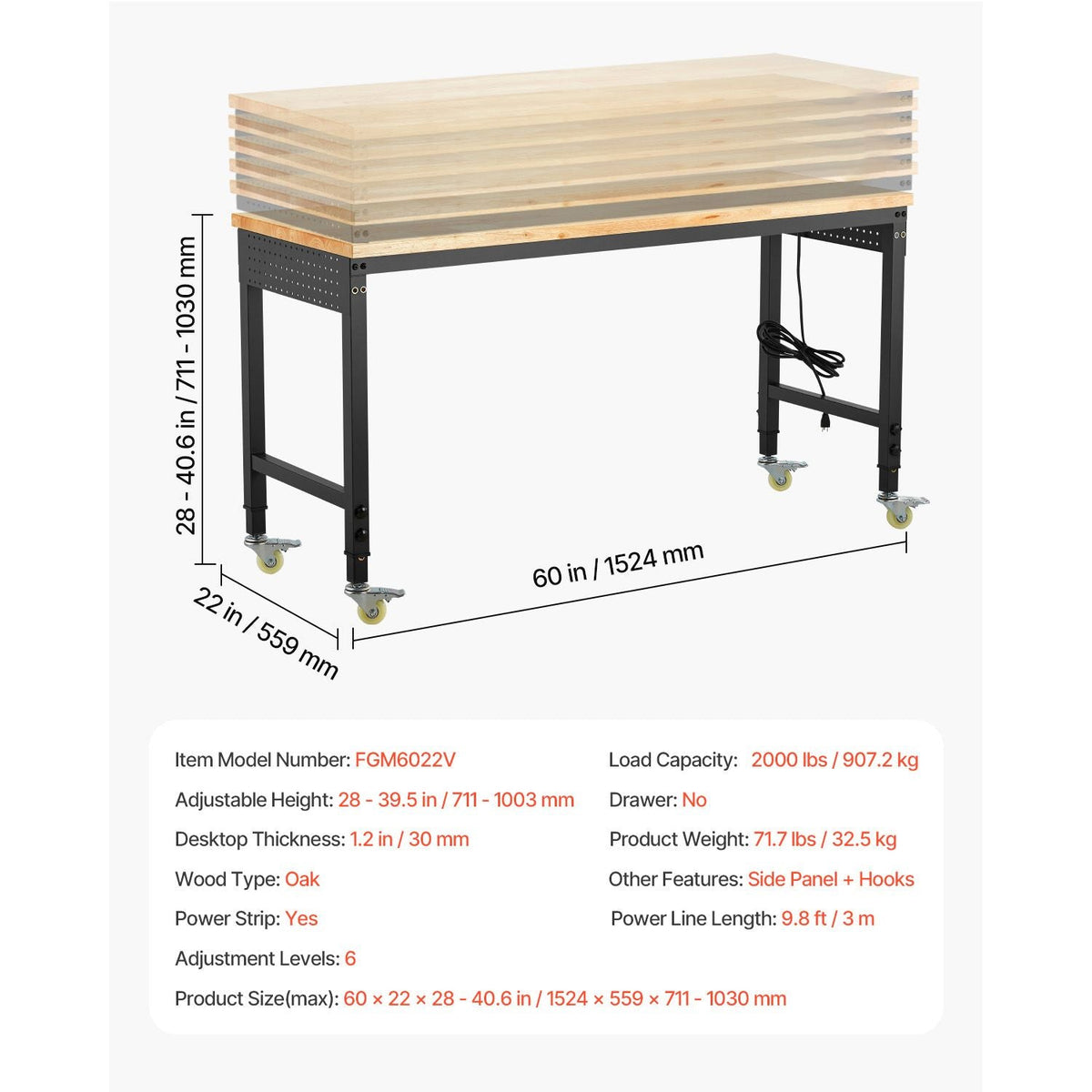 60-Inch Adjustable Workbench, 2000 lbs Load, Work Bench with Power Outlet, Wheels, and Pegboard, Heavy Duty Oak Wood Top Work Table for Garage, Workshop, Office, and Home