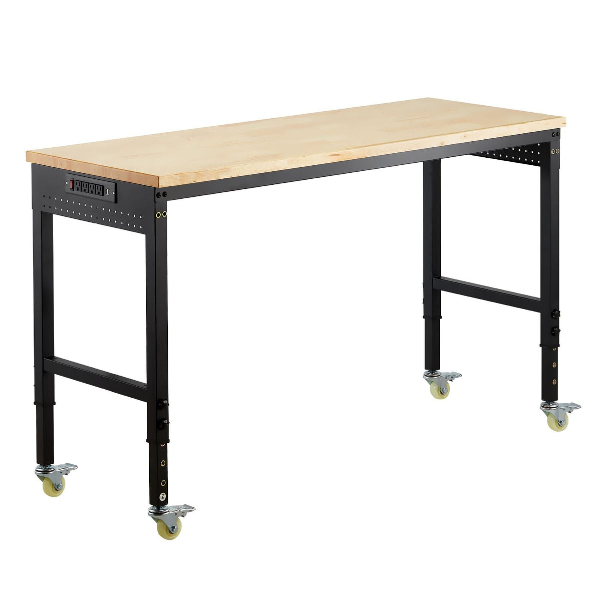 60-Inch Adjustable Workbench, 2000 lbs Load, Work Bench with Power Outlet, Wheels, and Pegboard, Heavy Duty Oak Wood Top Work Table for Garage, Workshop, Office, and Home