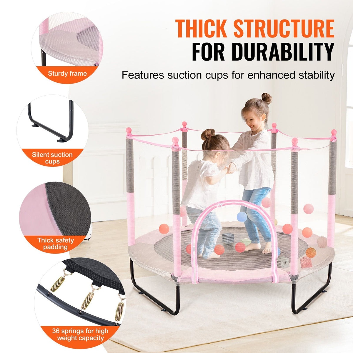 60" Kids Trampoline, 5FT Indoor Outdoor Trampoline, Mini Toddler Recreational Trampolinewith Safety Enclosure Net and Basketball Hoop, Birthday Gifts Christmas Toys for 3+ Years Children, Pink
