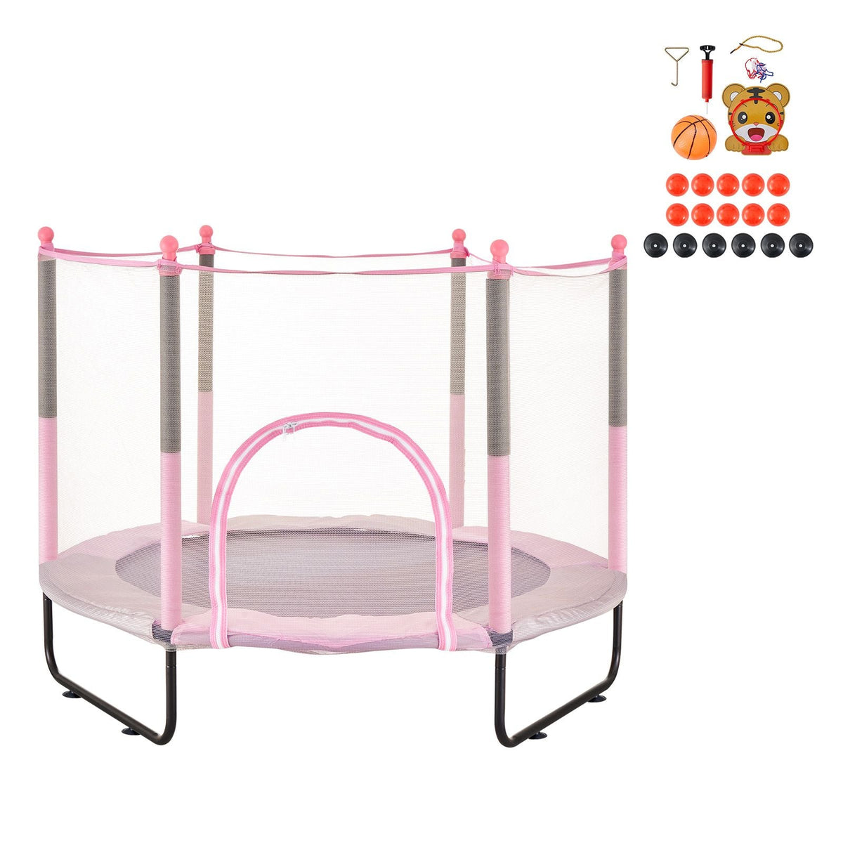 60" Kids Trampoline, 5FT Indoor Outdoor Trampoline, Mini Toddler Recreational Trampolinewith Safety Enclosure Net and Basketball Hoop, Birthday Gifts Christmas Toys for 3+ Years Children, Pink
