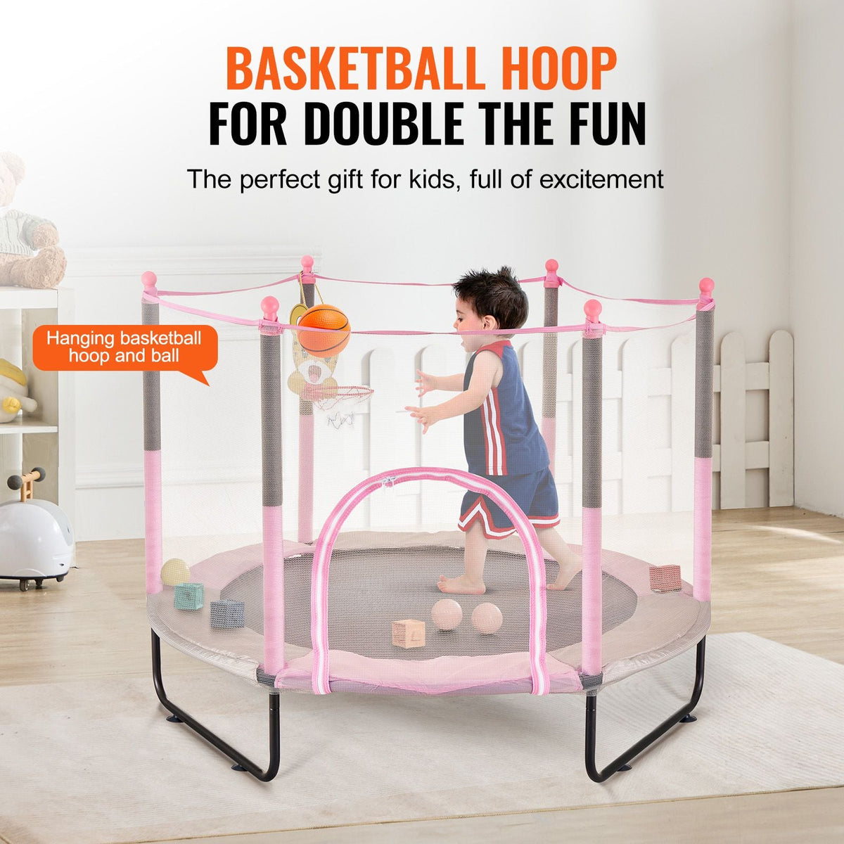 60" Kids Trampoline, 5FT Indoor Outdoor Trampoline, Mini Toddler Recreational Trampolinewith Safety Enclosure Net and Basketball Hoop, Birthday Gifts Christmas Toys for 3+ Years Children, Pink