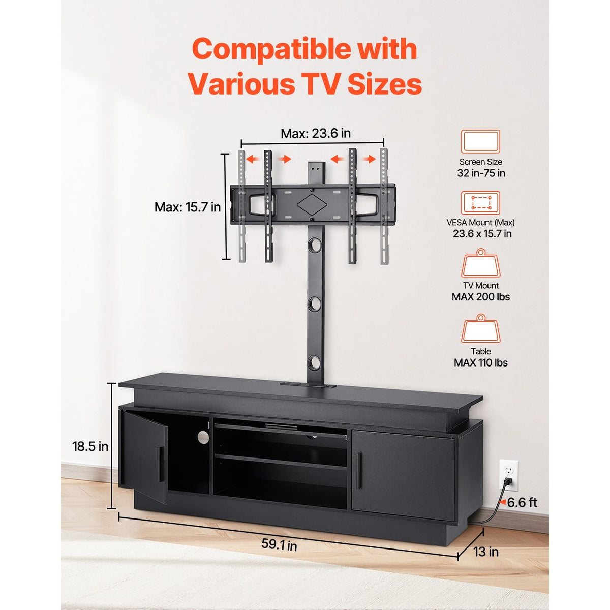 60" TV Stand with Mount for up to 75 in TVs, Entertainment Center with Power Outlet & LED Lights, Height Adjustable TV Console with Mount with 3 Tiers Storage Cabinets for Bedroom, Living Room