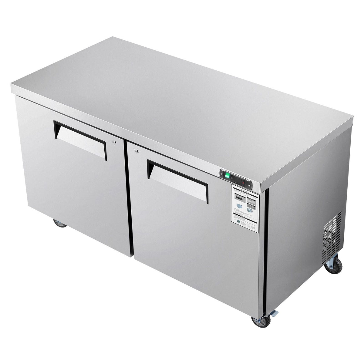 60" W Commercial Freezer, 14.8 Cu.Ft Worktop Freezers Undercounter with LED Auto Lighting and Lockable Door, 2 Doors Food Freezing Prep Worktable, Stainless Steel Prep Frozen Table with Casters