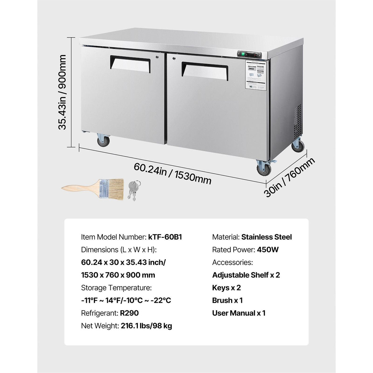 60" W Commercial Freezer, 14.8 Cu.Ft Worktop Freezers Undercounter with LED Auto Lighting and Lockable Door, 2 Doors Food Freezing Prep Worktable, Stainless Steel Prep Frozen Table with Casters