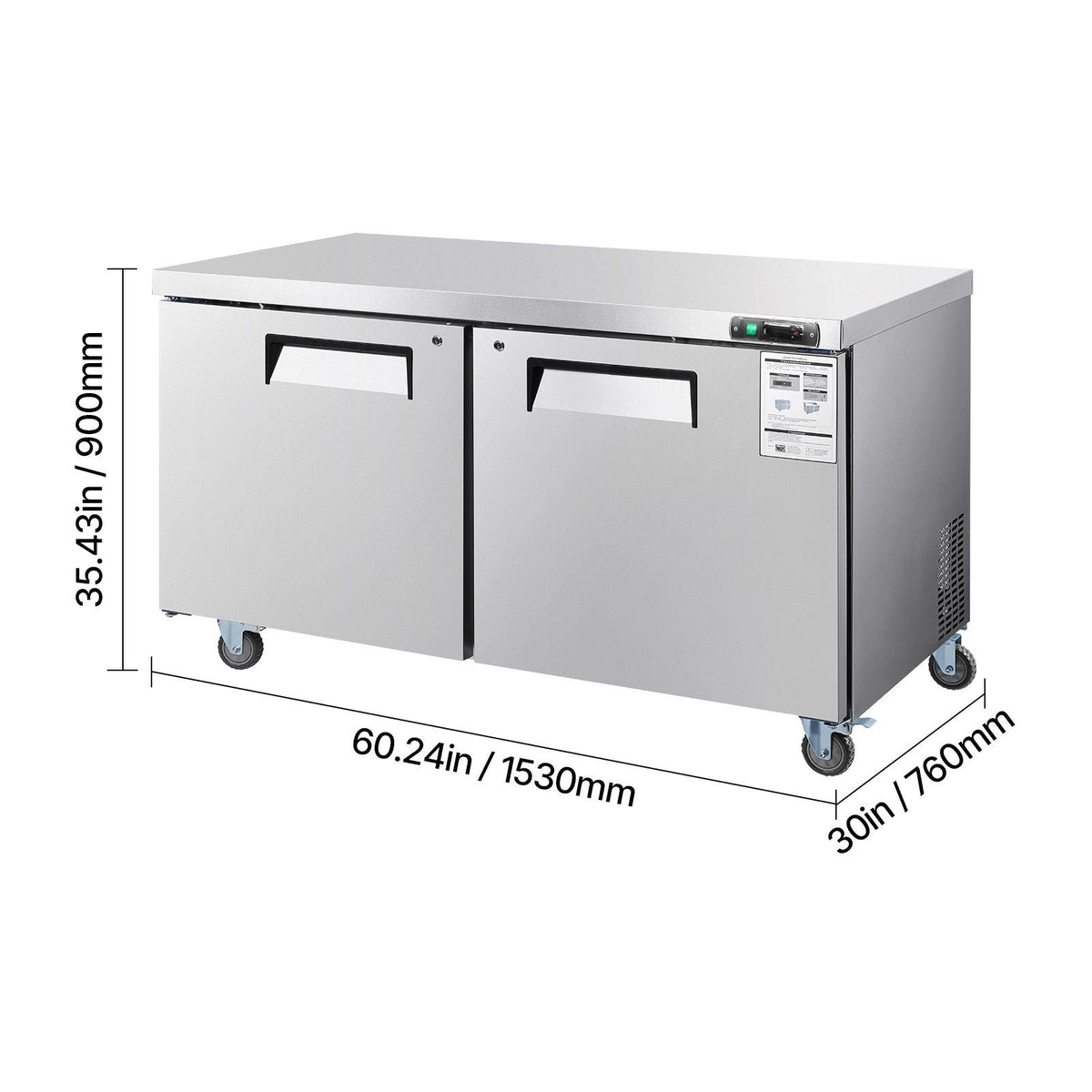 60" W Commercial Freezer, 14.8 Cu.Ft Worktop Freezers Undercounter with LED Auto Lighting and Lockable Door, 2 Doors Food Freezing Prep Worktable, Stainless Steel Prep Frozen Table with Casters