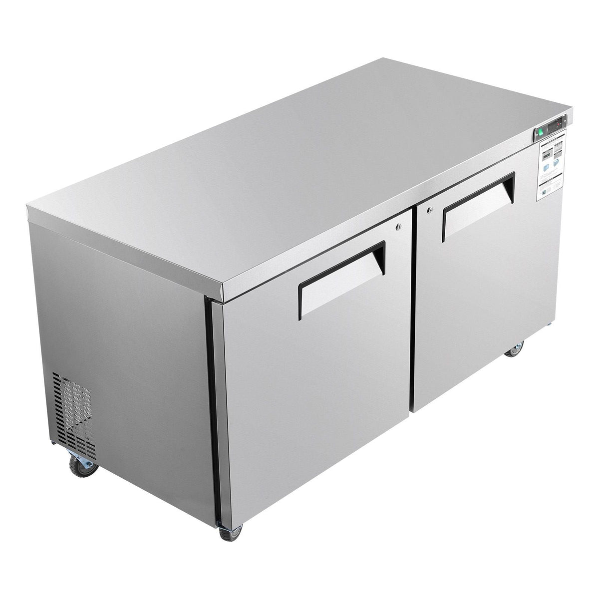 60" W Commercial Freezer, 14.8 Cu.Ft Worktop Freezers Undercounter with LED Auto Lighting and Lockable Door, 2 Doors Food Freezing Prep Worktable, Stainless Steel Prep Frozen Table with Casters