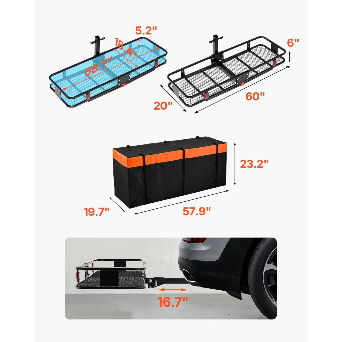 60" x 20" x 6", Hitch Cargo Carrier, 500 lbs Capacity Hitch Cargo Carrier with Cargo Net & Waterproof Cargo Bag, Folding Hitch Mount Cargo Carrier with Hitch Lock for 2" Receiver, Fit for SUVs