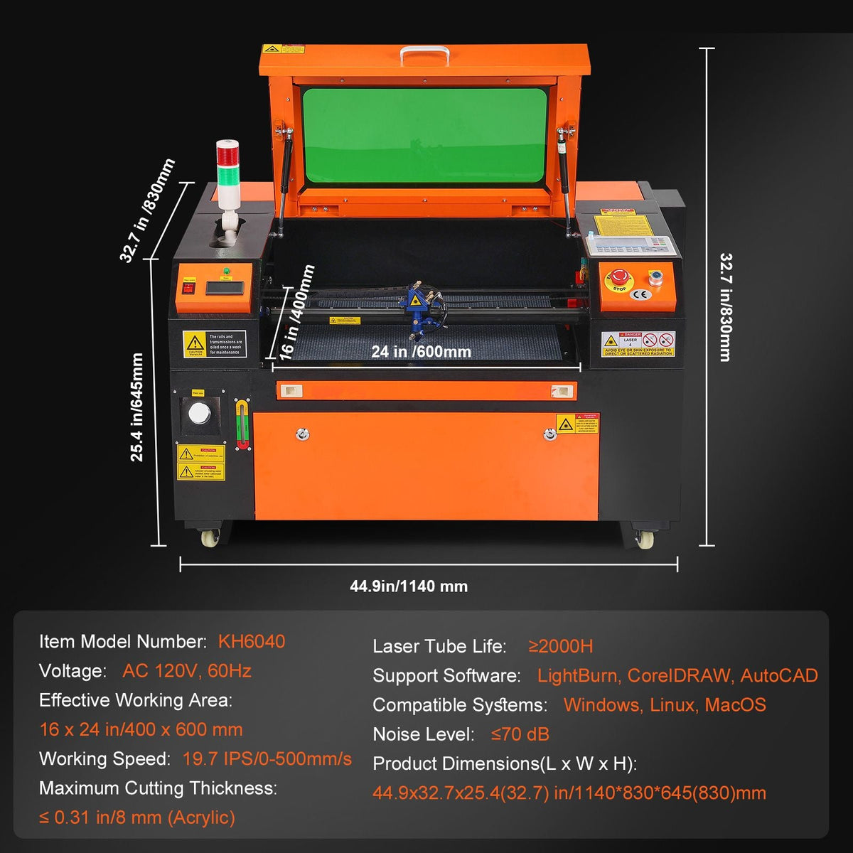 60W CO2 Laser Engraver, 16 x 24 in, 19.7 IPS Laser Cutter Machine with 2-Way Pass Air Assist, Compatible with LightBurn, CorelDRAW, AutoCAD, Windows, Mac OS, Linux, for Wood Acrylic Fabric More