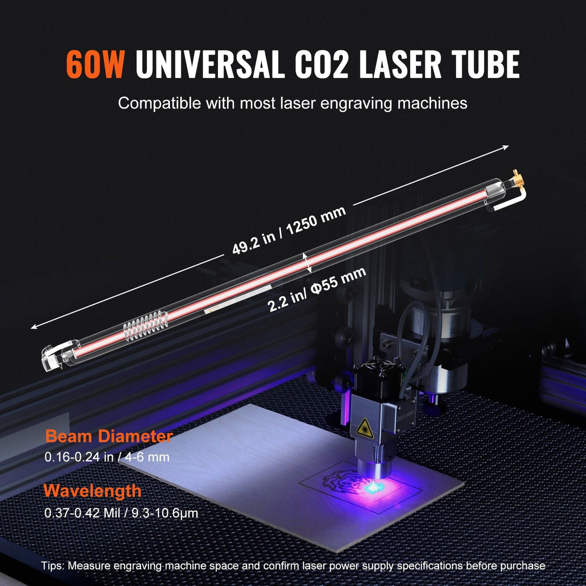 60W CO2 Laser Tube, 49.2 in (1250 mm) Length, 2 in (55 mm) Dia Borosilicate Glass Laser Cutter Tube with Metal Head, 5000-6000hr Wires Preconnected for Laser Engraver Engraving Cutting Machine