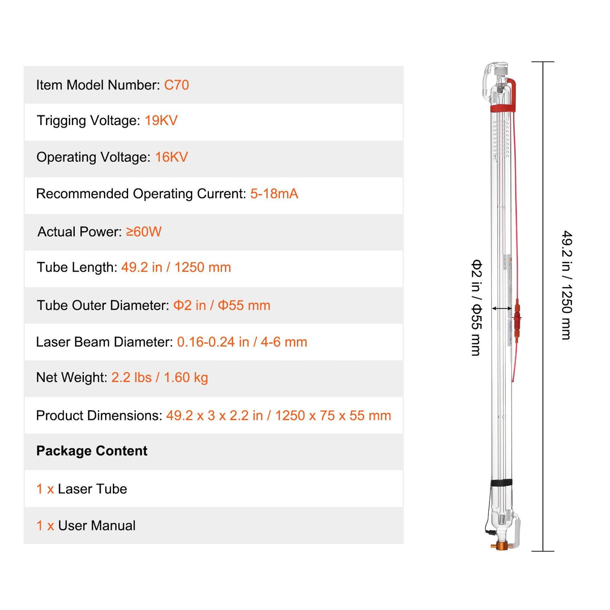 60W CO2 Laser Tube, 49.2 in (1250 mm) Length, 2 in (55 mm) Dia Borosilicate Glass Laser Cutter Tube with Metal Head, 5000-6000hr Wires Preconnected for Laser Engraver Engraving Cutting Machine