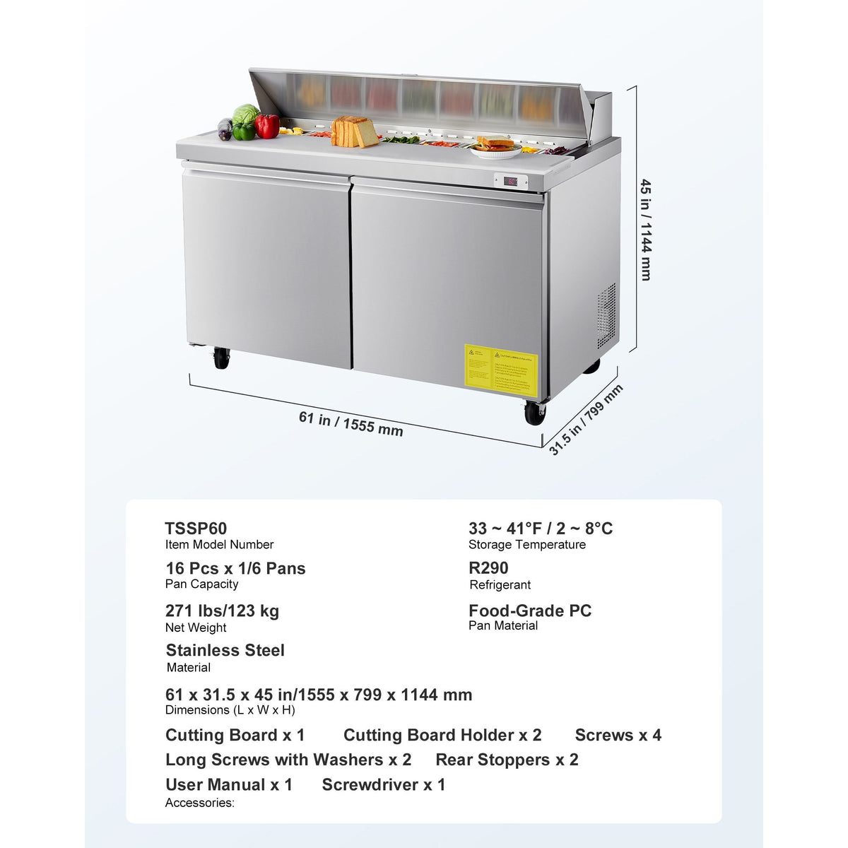 60"W Commercial Refrigerator, 15.4 Cu. Ft Sandwich Prep Refrigerated Table, Mega Top Food Prep Fridge with 16 Pans and Cutting Board, Stainless Steel Salad Prep Cooler for Restaurant, Food Truck