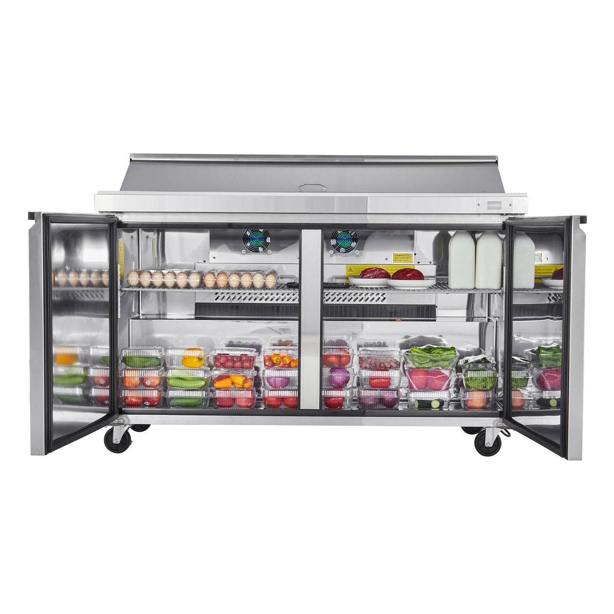 60"W Commercial Refrigerator, 15.4 Cu. Ft Sandwich Prep Refrigerated Table, Mega Top Food Prep Fridge with 16 Pans and Cutting Board, Stainless Steel Salad Prep Cooler for Restaurant, Food Truck