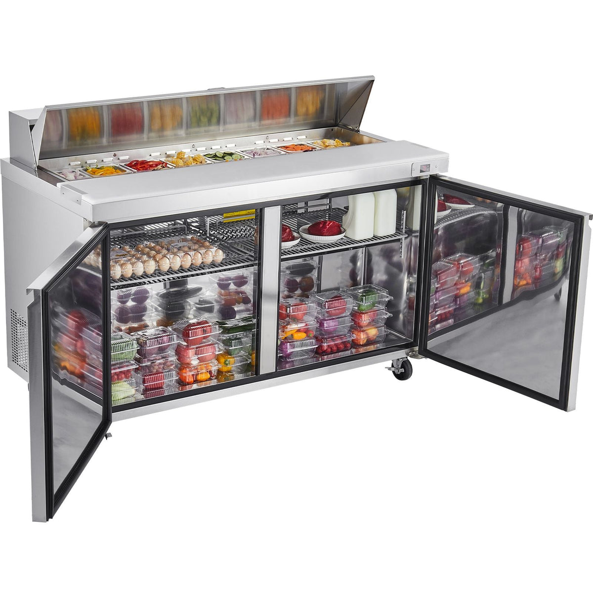 60"W Commercial Refrigerator, 15.4 Cu. Ft Sandwich Prep Refrigerated Table, Mega Top Food Prep Fridge with 16 Pans and Cutting Board, Stainless Steel Salad Prep Cooler for Restaurant, Food Truck