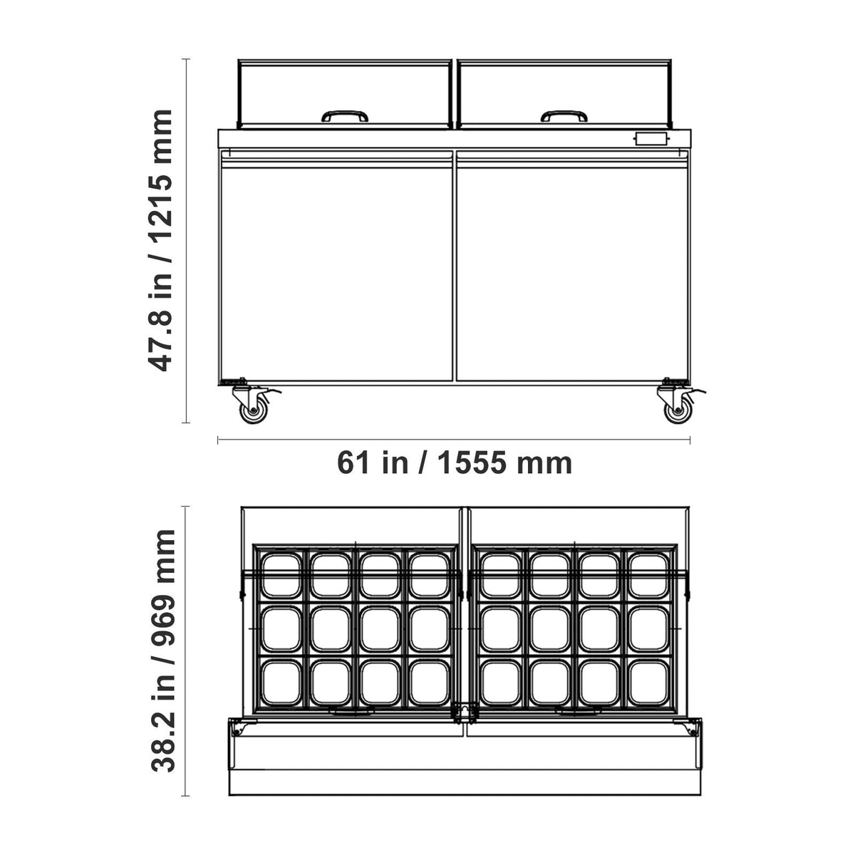 60"W Commercial Refrigerator, 15.4 Cu. Ft Sandwich Prep Refrigerated Table, Mega Top Food Prep Fridge with 24 Pans and Cutting Board, Stainless Steel Salad Prep Cooler for Restaurant, Food Truck
