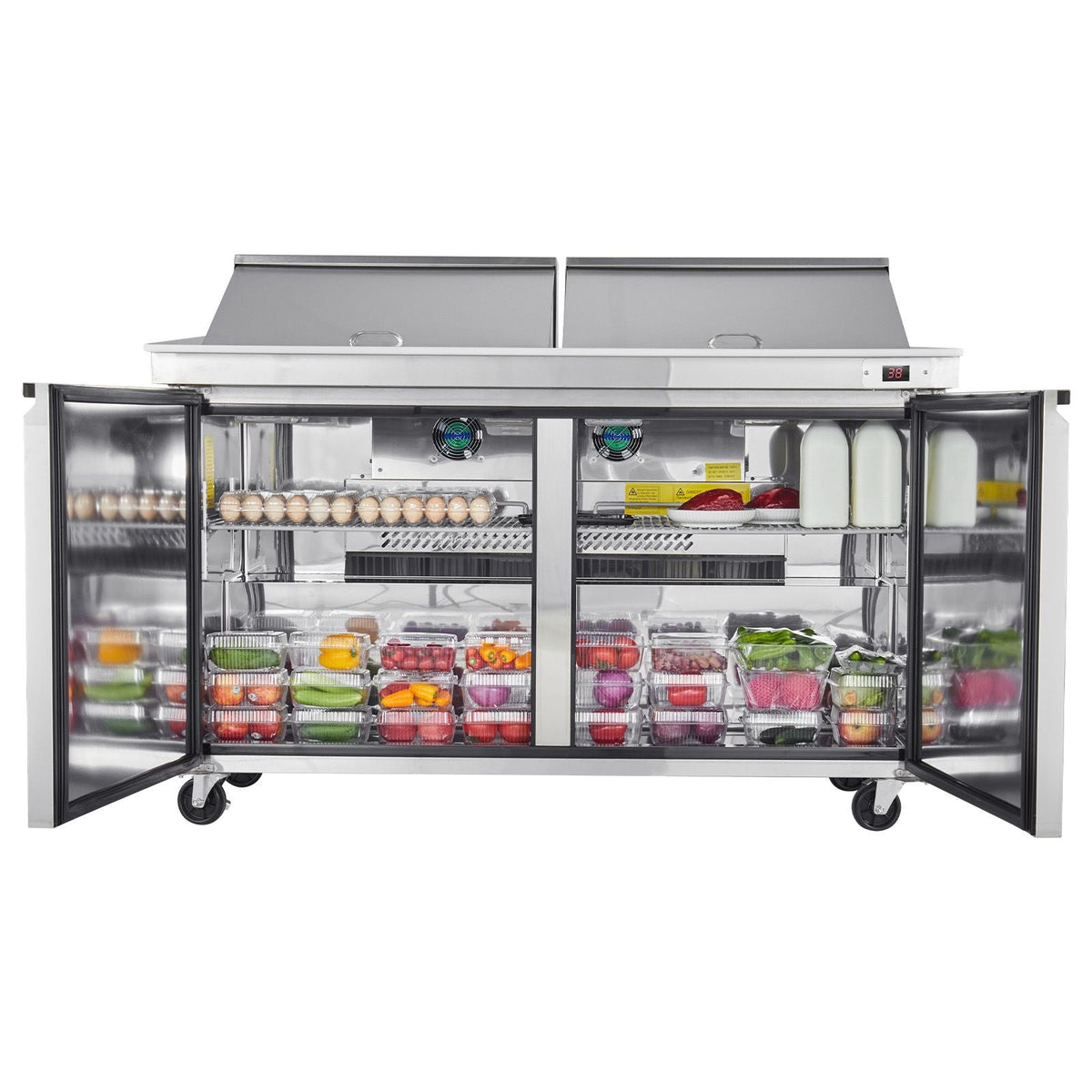 60"W Commercial Refrigerator, 15.4 Cu. Ft Sandwich Prep Refrigerated Table, Mega Top Food Prep Fridge with 24 Pans and Cutting Board, Stainless Steel Salad Prep Cooler for Restaurant, Food Truck