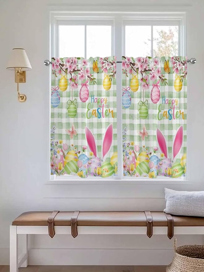 Happy Easter Kitchen Curtains 45 Inches length, Spring Bunny Eggs Flower Sage